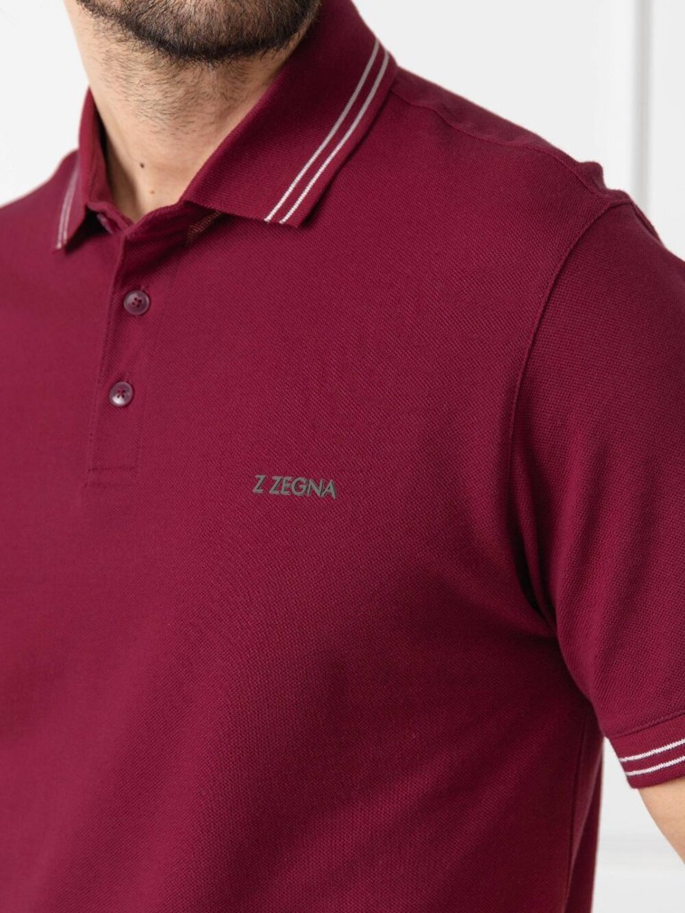 Z Zegna Short Sleeve Polo Burgundy Tipped Collar 100% Cotton S
